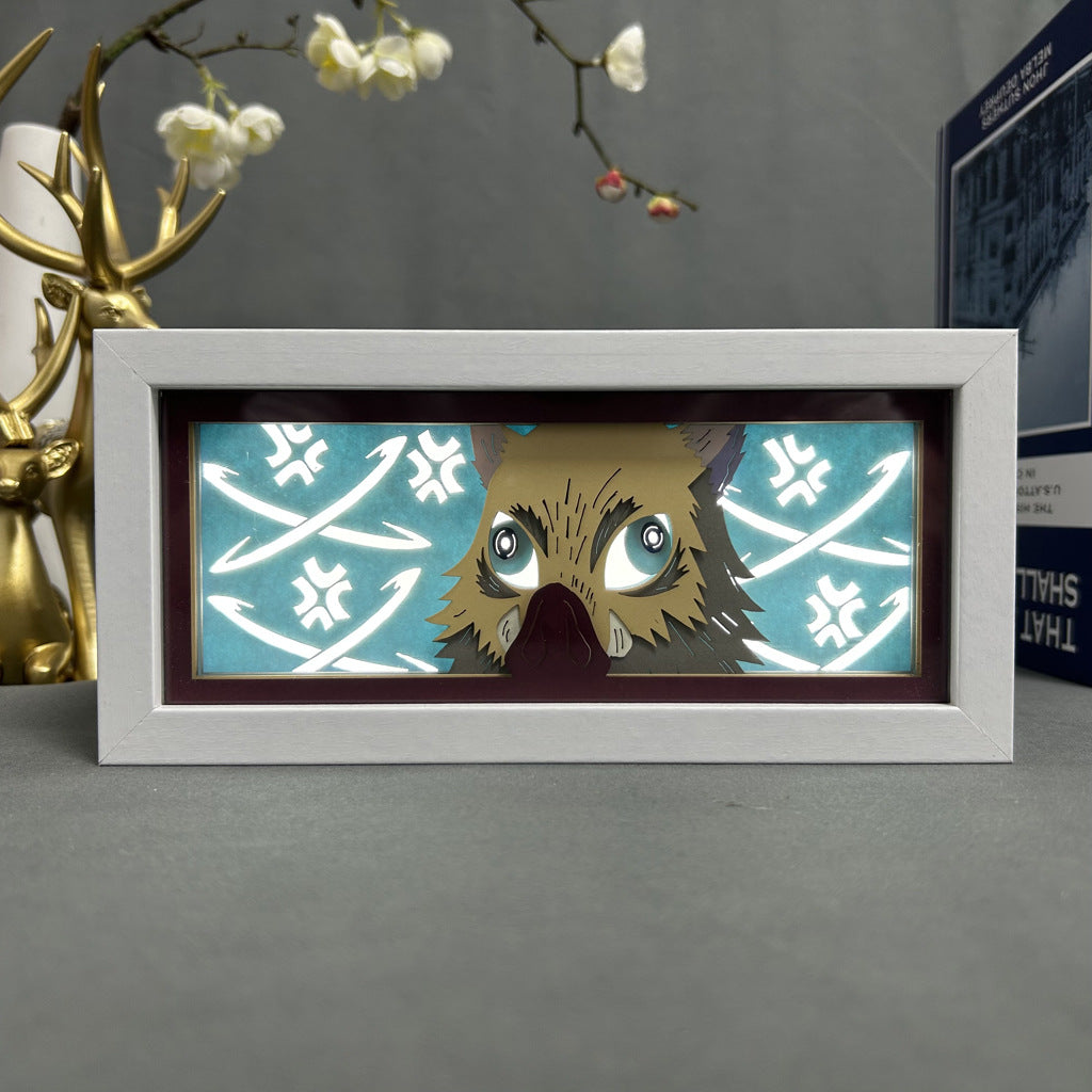 Inosuke Hashibira aura lamp by ScandiAnime featuring a detailed figure of Inosuke with his signature boar mask and dynamic pose.