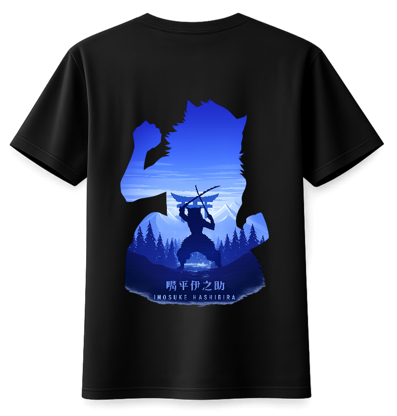 Black t-shirt with blue silhouette design of a character holding a sword, set against a mountain and forest background.