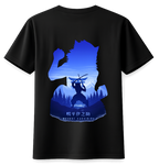 Black t-shirt with blue silhouette design of a character holding a sword, set against a mountain and forest background.