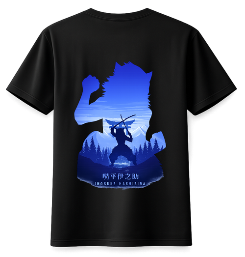Black t-shirt with blue silhouette design of a character holding a sword, set against a mountain and forest background.