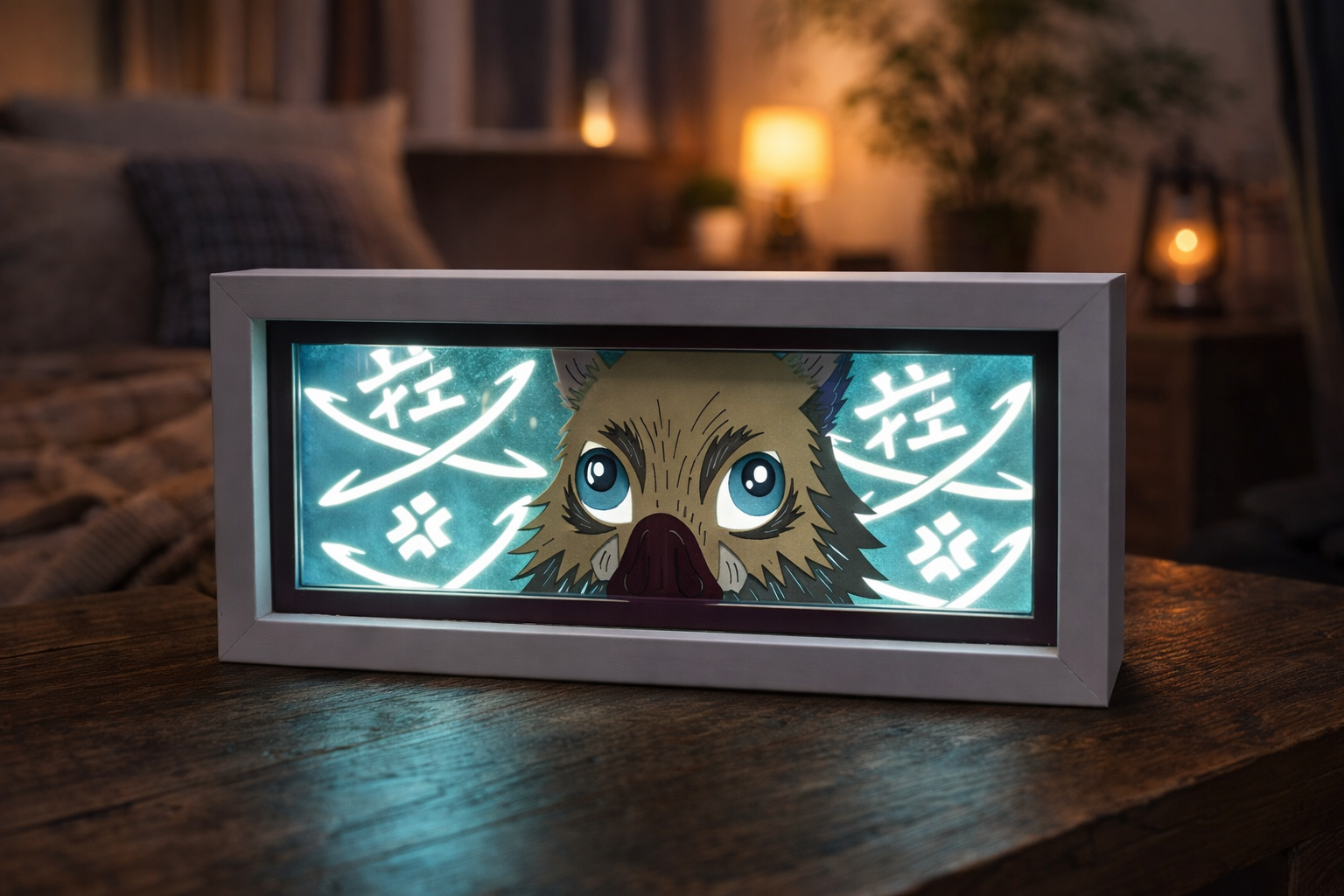 Inosuke Hashibira aura lamp by ScandiAnime featuring a detailed figure with glowing blue and green light accents.