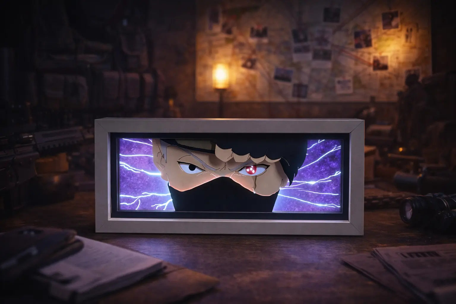 ScandiAnime Kakashi Hatake aura lamp displaying a glowing LED lamp with Kakashi's face and iconic hair design.