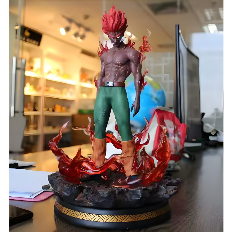 Detailed image of a Might Guy action figure from ScandiAnime, showcasing his dynamic pose and vibrant costume details.