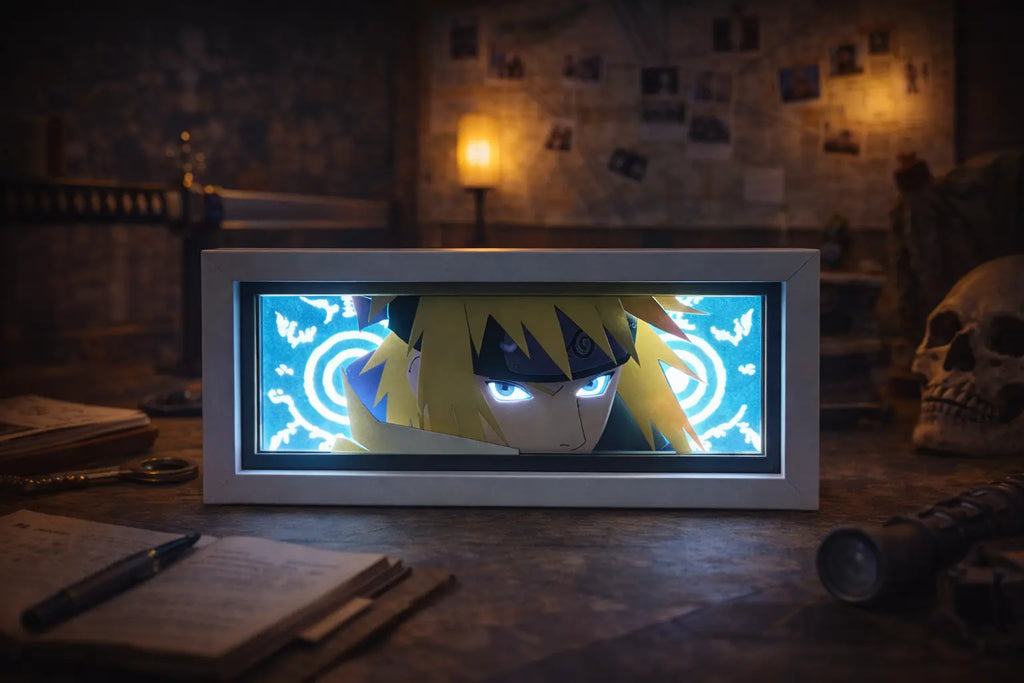 ScandiAnime Minato Namikaze Aura Lamp glowing with vibrant blue and orange lights, featuring detailed Minato Namikaze design.