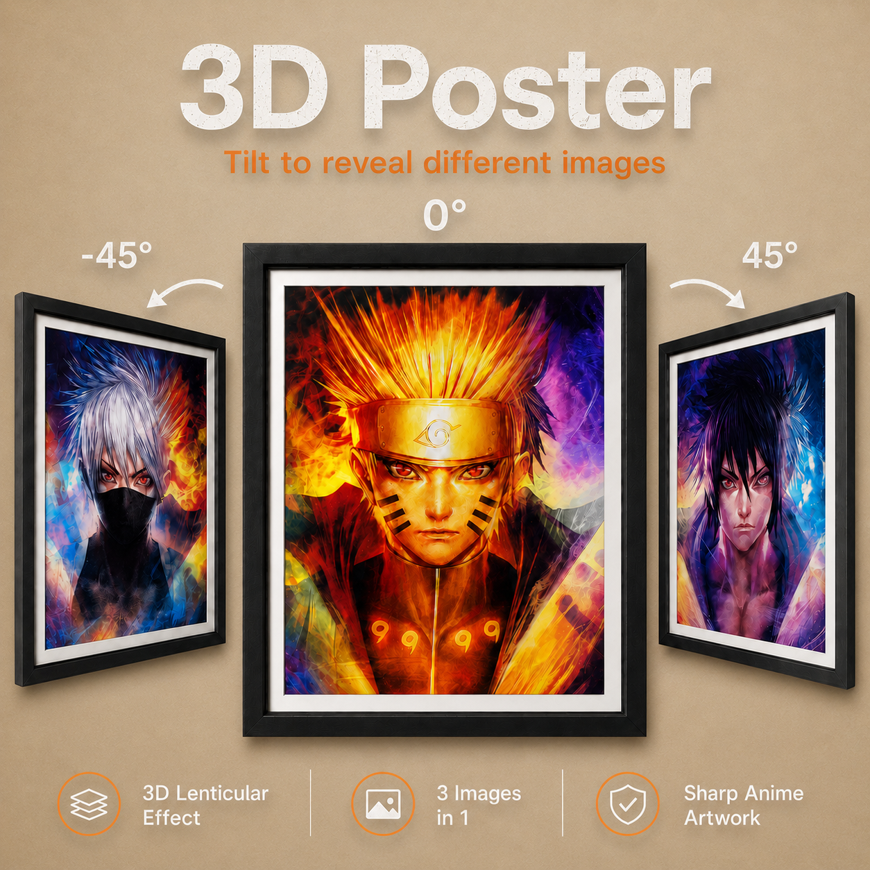 Naruto, Sasuke and Kakashi 3D Poster - ScandiAnime