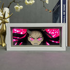 Nezuko aura lamp by ScandiAnime showcasing a detailed figure emitting a soft glow, highlighting her traditional kimono and bamboo mask.