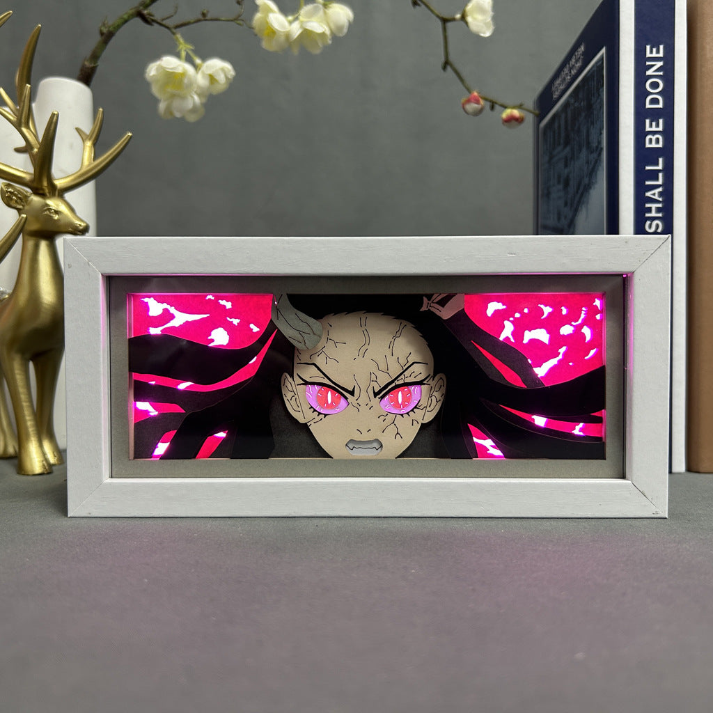 Nezuko aura lamp by ScandiAnime showcasing a detailed figure emitting a soft glow, highlighting her traditional kimono and bamboo mask.