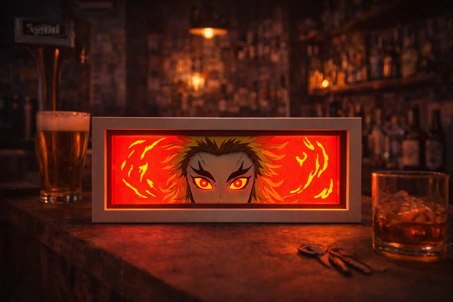 ScandiAnime Rengoku Aura Lamp glowing with vibrant orange and yellow hues, showcasing an anime-inspired design on a sleek base.
