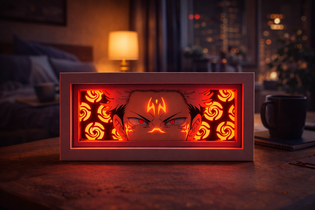 ScandiAnime Ryomen Sukuna Aura Lamp emitting a vibrant, glowing aura with detailed design, perfect for anime fans' decor.