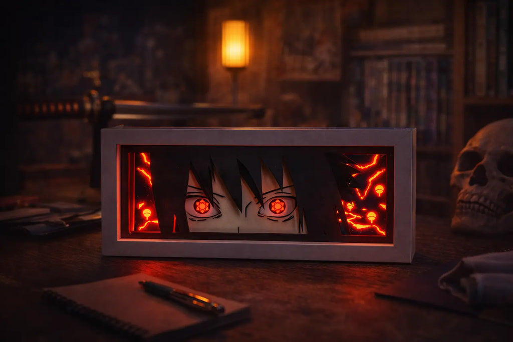Sasuke Uchiha Aura Lamp by ScandiAnime, illuminated design featuring Sasuke Uchiha's iconic character with blue aura effects.