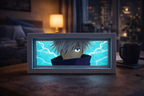 ScandiAnime Satoru Gojo Aura Lamp displaying a glowing blue and white aura with intricate design details.
