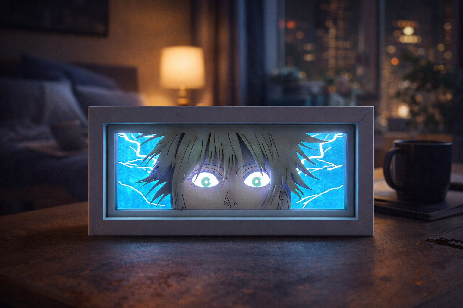 ScandiAnime Satoru Gojo Aura Lamp glowing with blue and white light, featuring detailed character design and modern aesthetic.