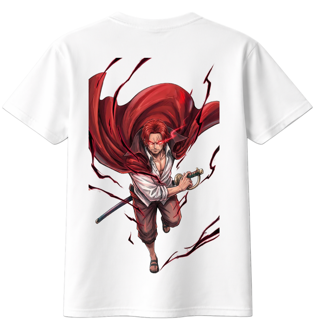 White t-shirt with a graphic of a character with red hair and a sword on the back