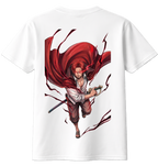 White t-shirt with a graphic of a character with red hair and a sword on the back