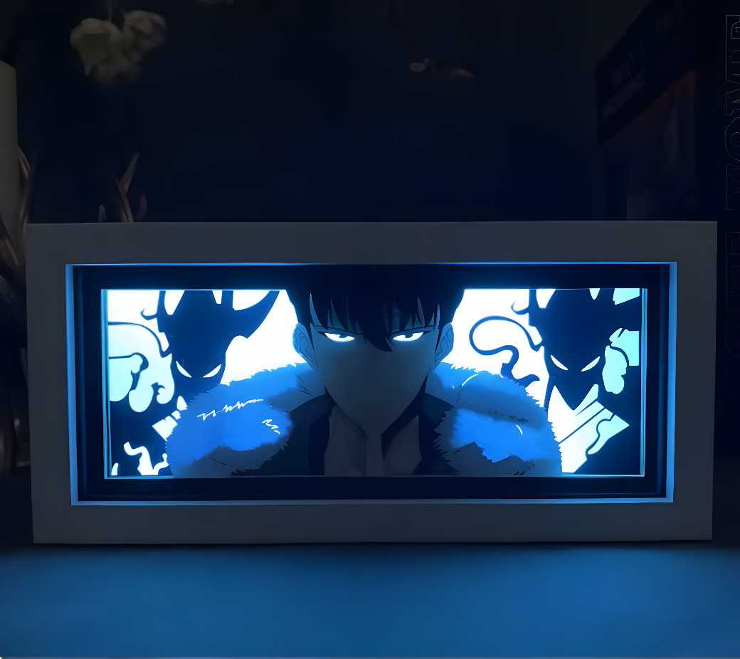 Sung Jin-woo Aura Lamp by ScandiAnime, featuring a detailed illustration of Sung Jin-woo from anime, glowing with a mystical aura.