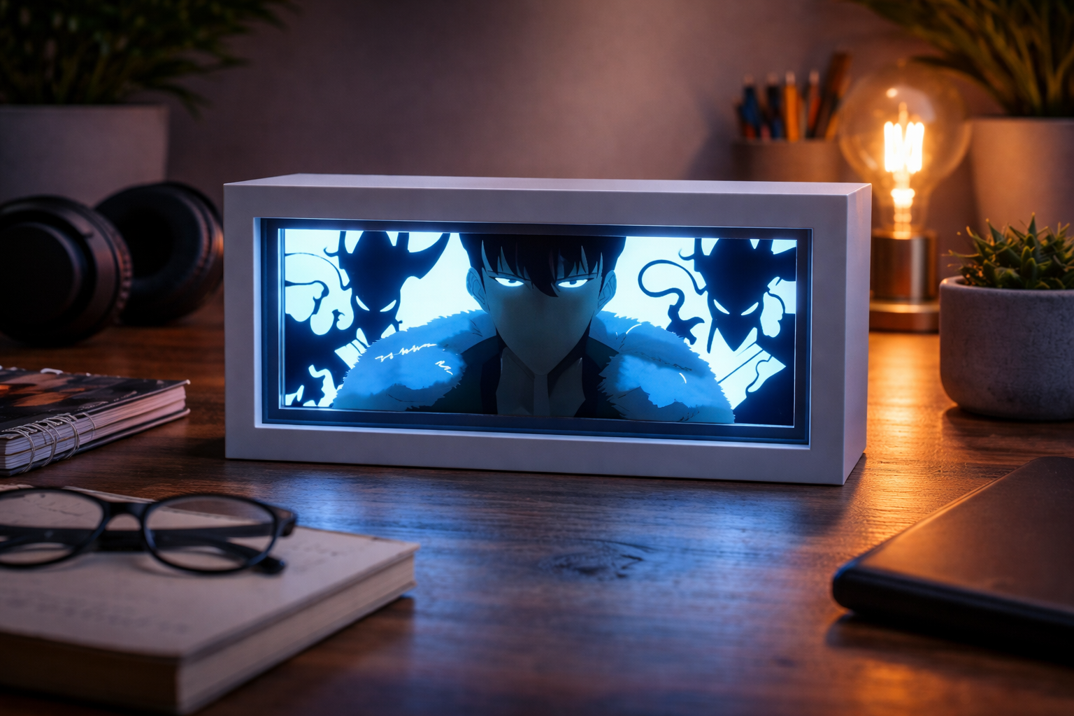 ScandiAnime Sung Jin-woo Aura Lamp with glowing aura effect, featuring detailed character design, ideal for fans of the series.