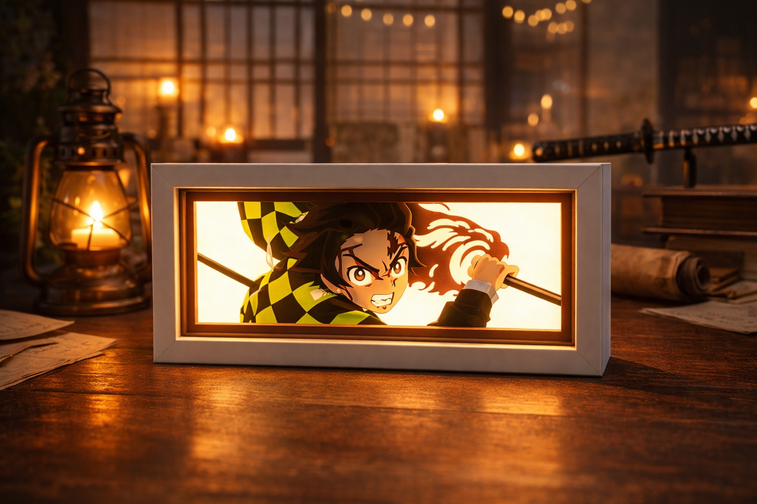 Tanjiro Kamado Aura Lamp by ScandiAnime featuring a detailed figure with glowing blue and orange accents, illuminating the character's silhouette.