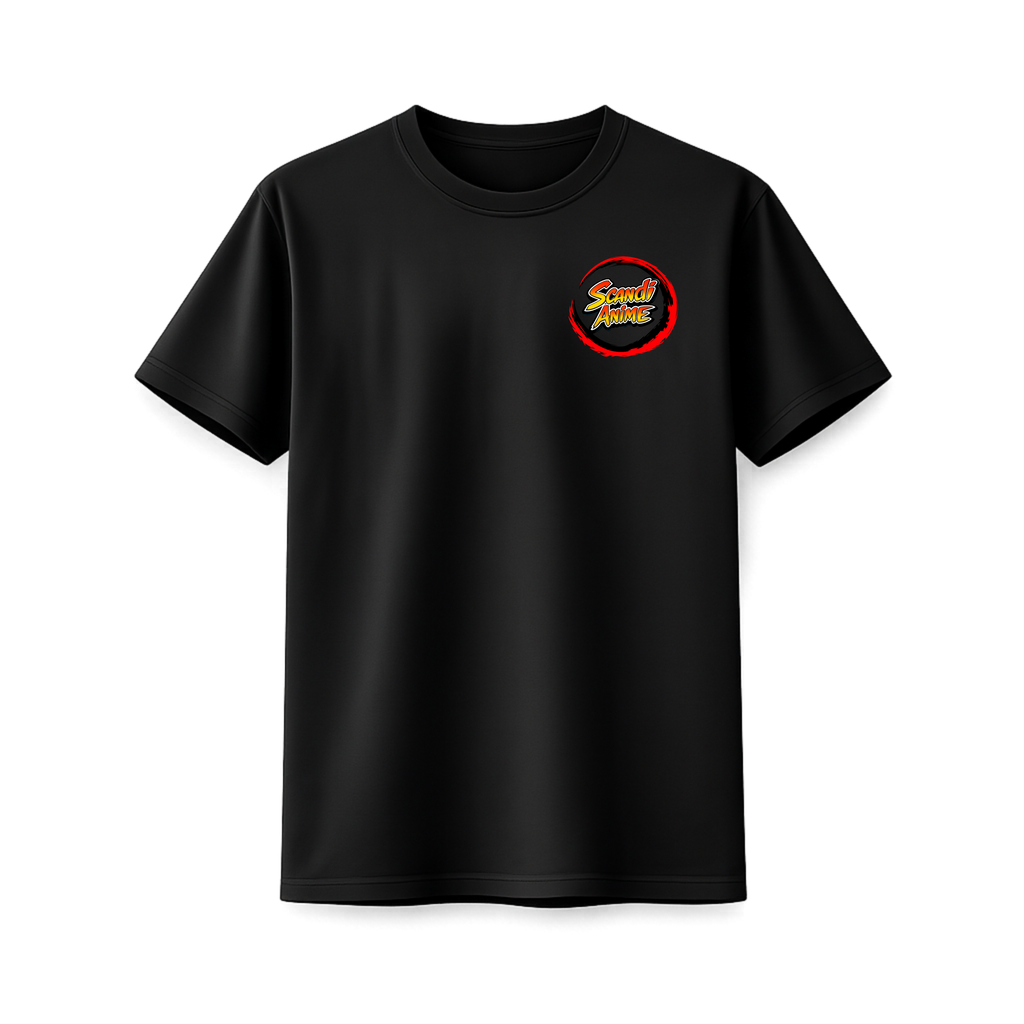 Back and front view of ScandiAnime Naruto and Sasuke T-shirt featuring characters from the popular anime series.