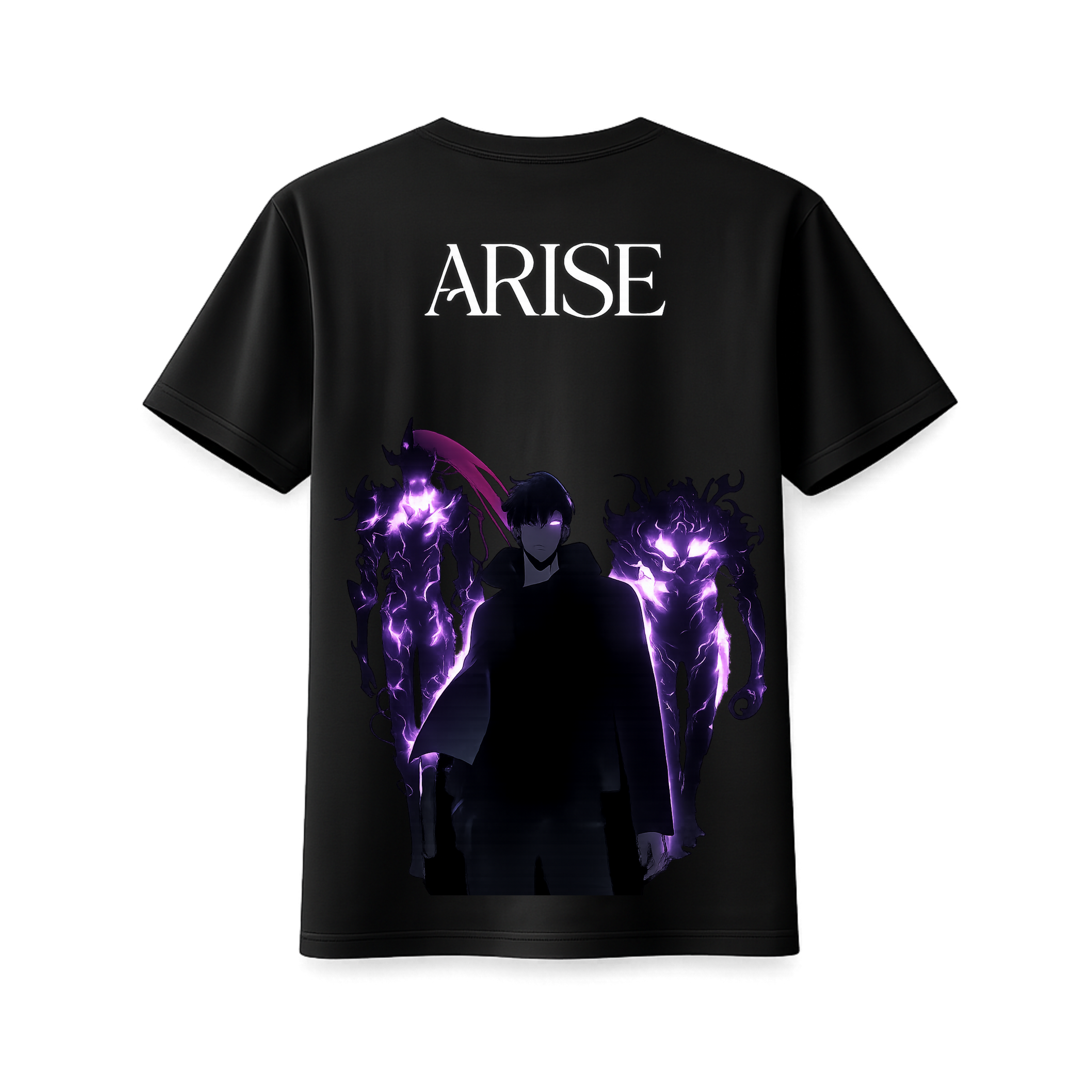 Black Solo Leveling ARISE T-Shirt by ScandiAnime, showing the back design with bold artwork and logo on soft fabric.