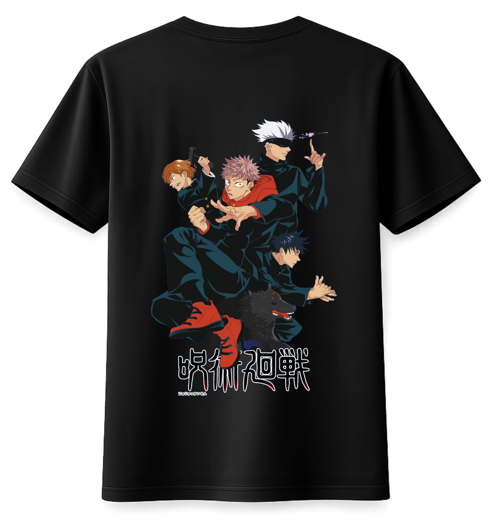 Black t-shirt with colorful graphic of animated characters on the back