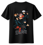Black t-shirt with colorful graphic of animated characters on the back