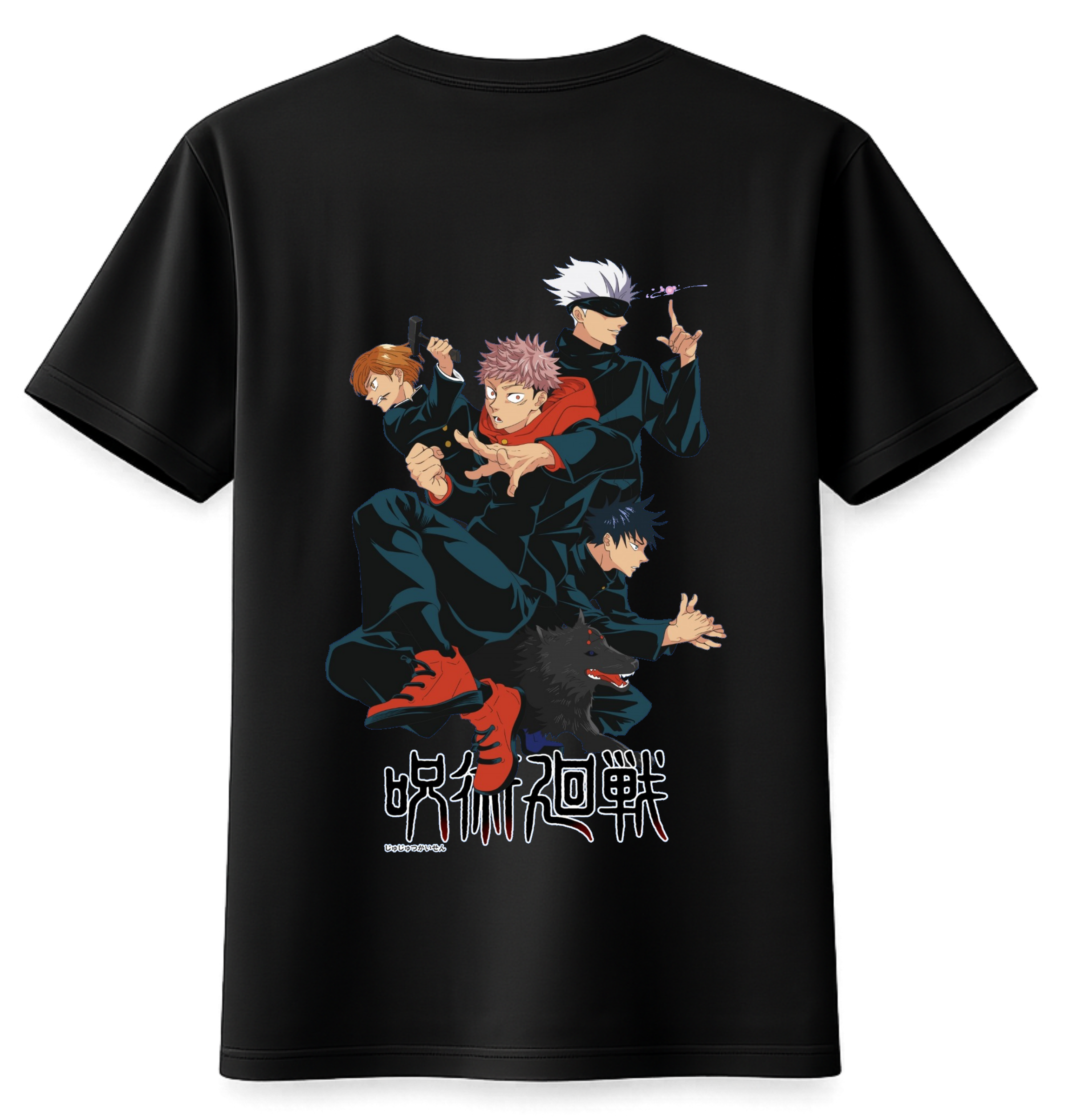 Black t-shirt with colorful graphic of animated characters on the back