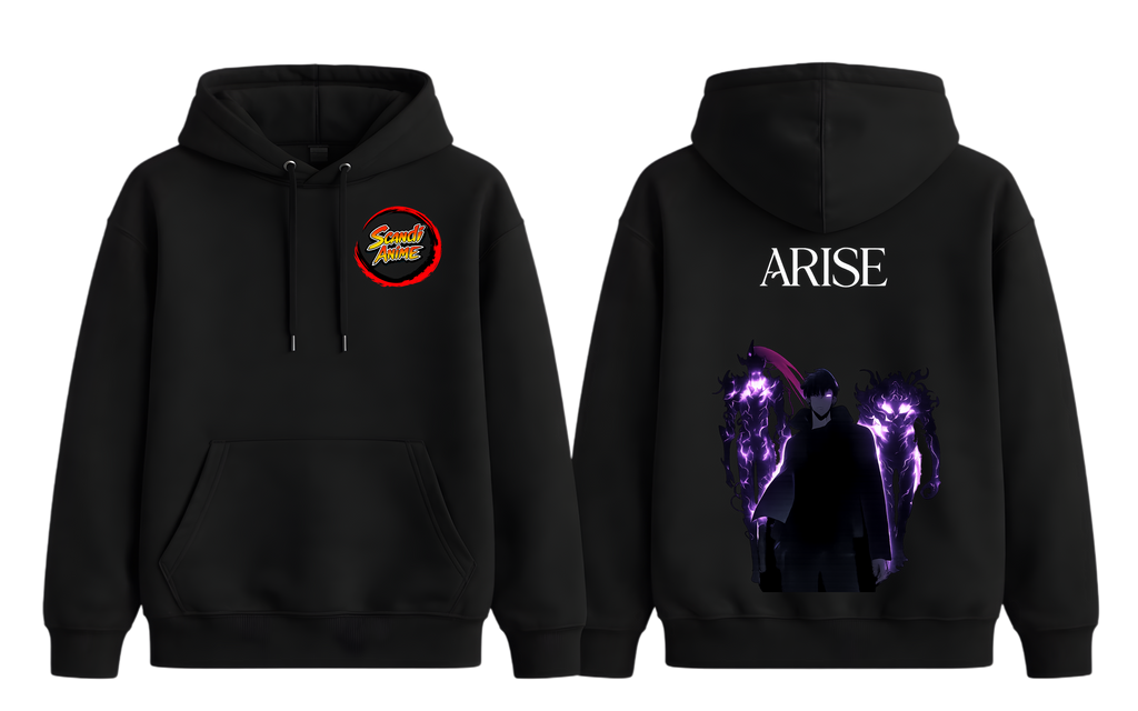 ScandiAnime Solo Leveling Arise hoodie featuring bold graphic design, comfortable fit, and casual style in black fabric.