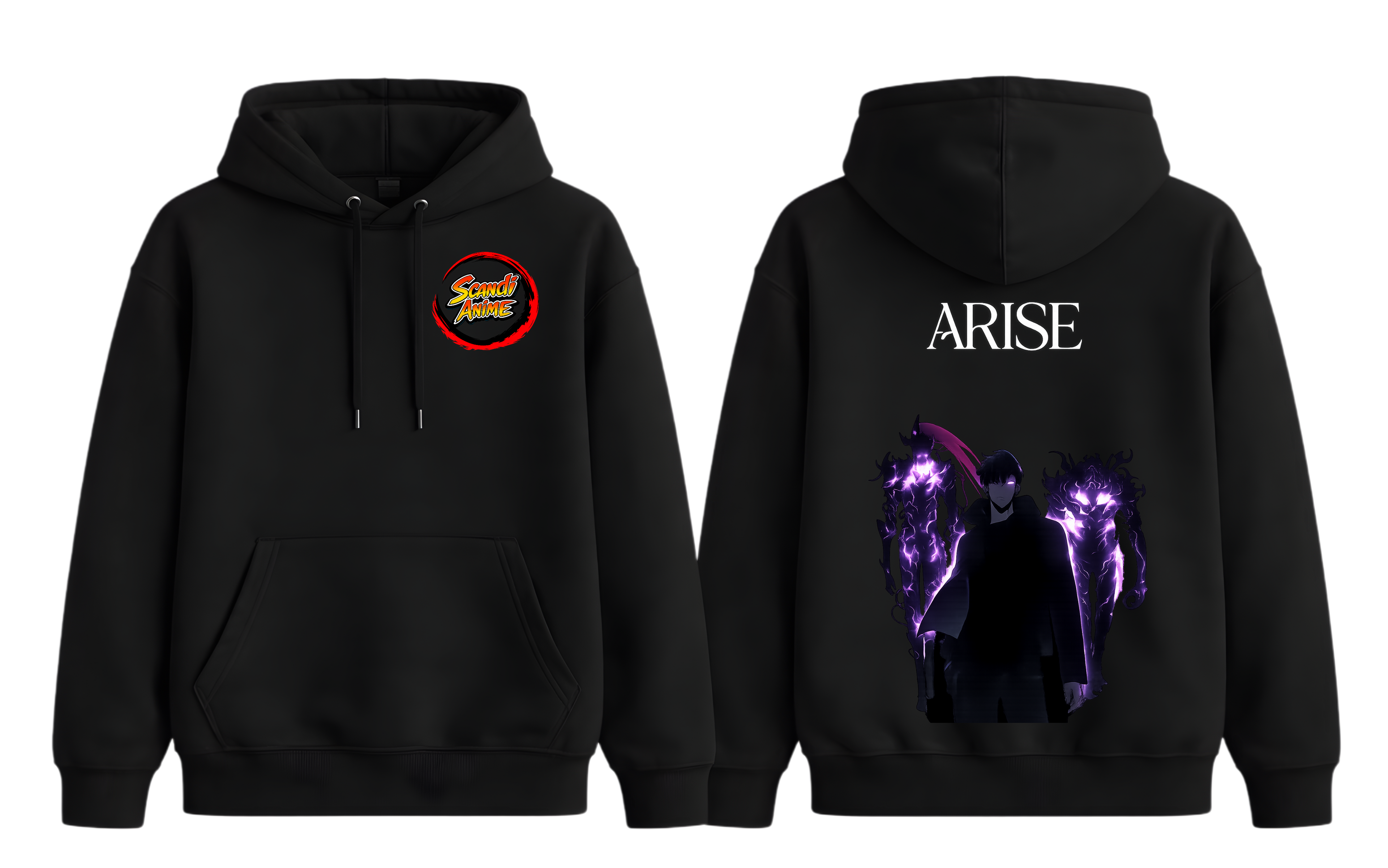 ScandiAnime Solo Leveling Arise hoodie featuring bold graphic design, comfortable fit, and casual style in black fabric.