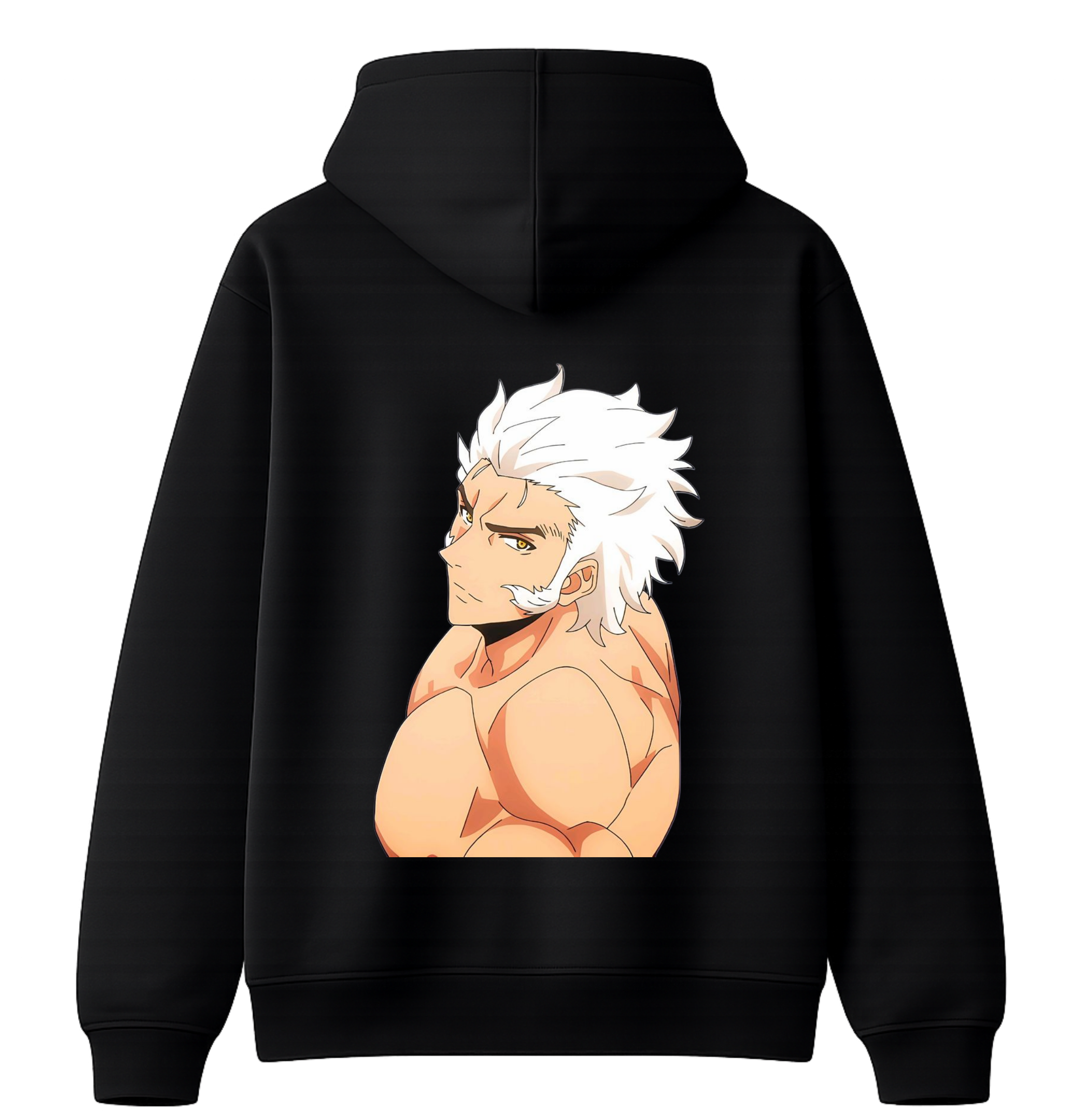 Black hoodie with an anime character on the back against a white background