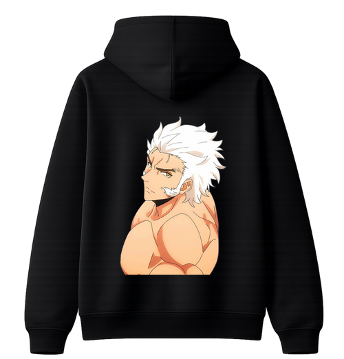 Black hoodie with an anime character on the back against a white background