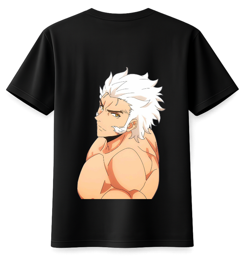 Black t-shirt with an anime character on the back against a white background