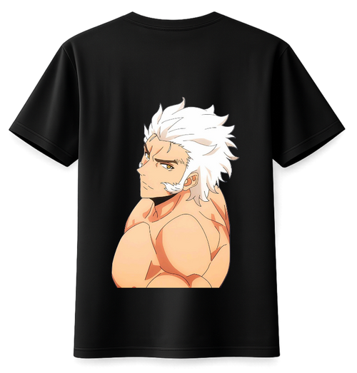 Black t-shirt with an anime character on the back against a white background