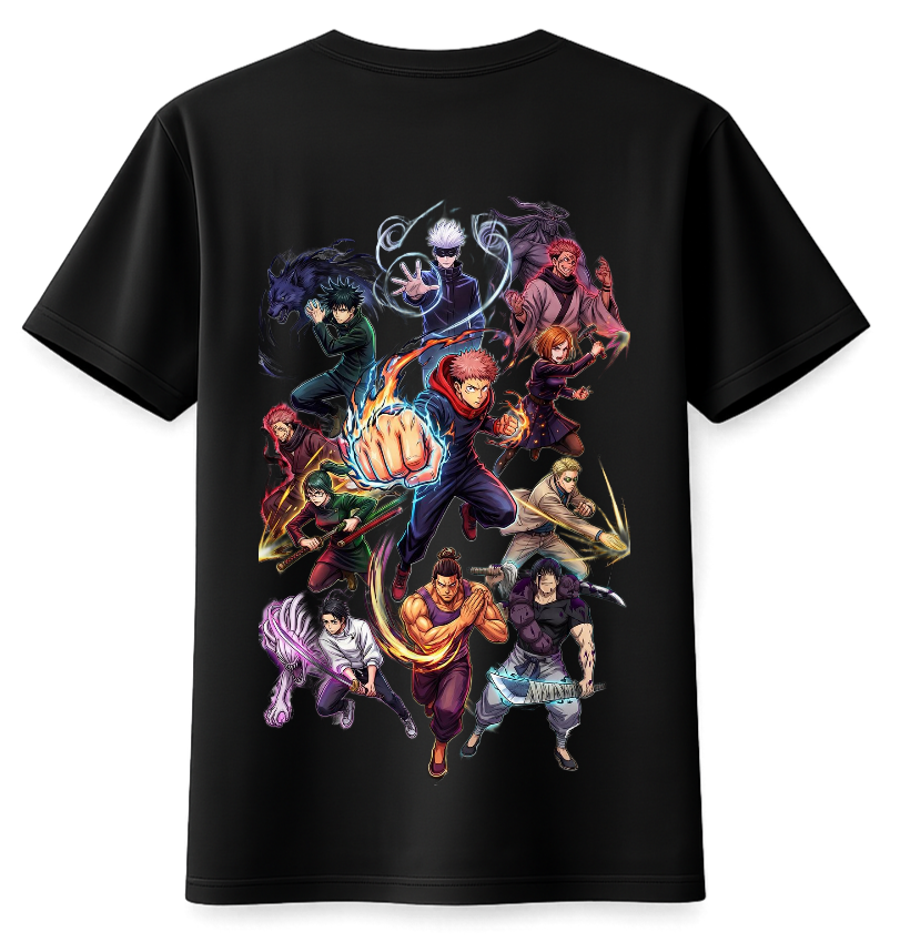 Black Jujutsu Kaisen T-shirt by ScandiAnime featuring character print, made of soft cotton fabric.