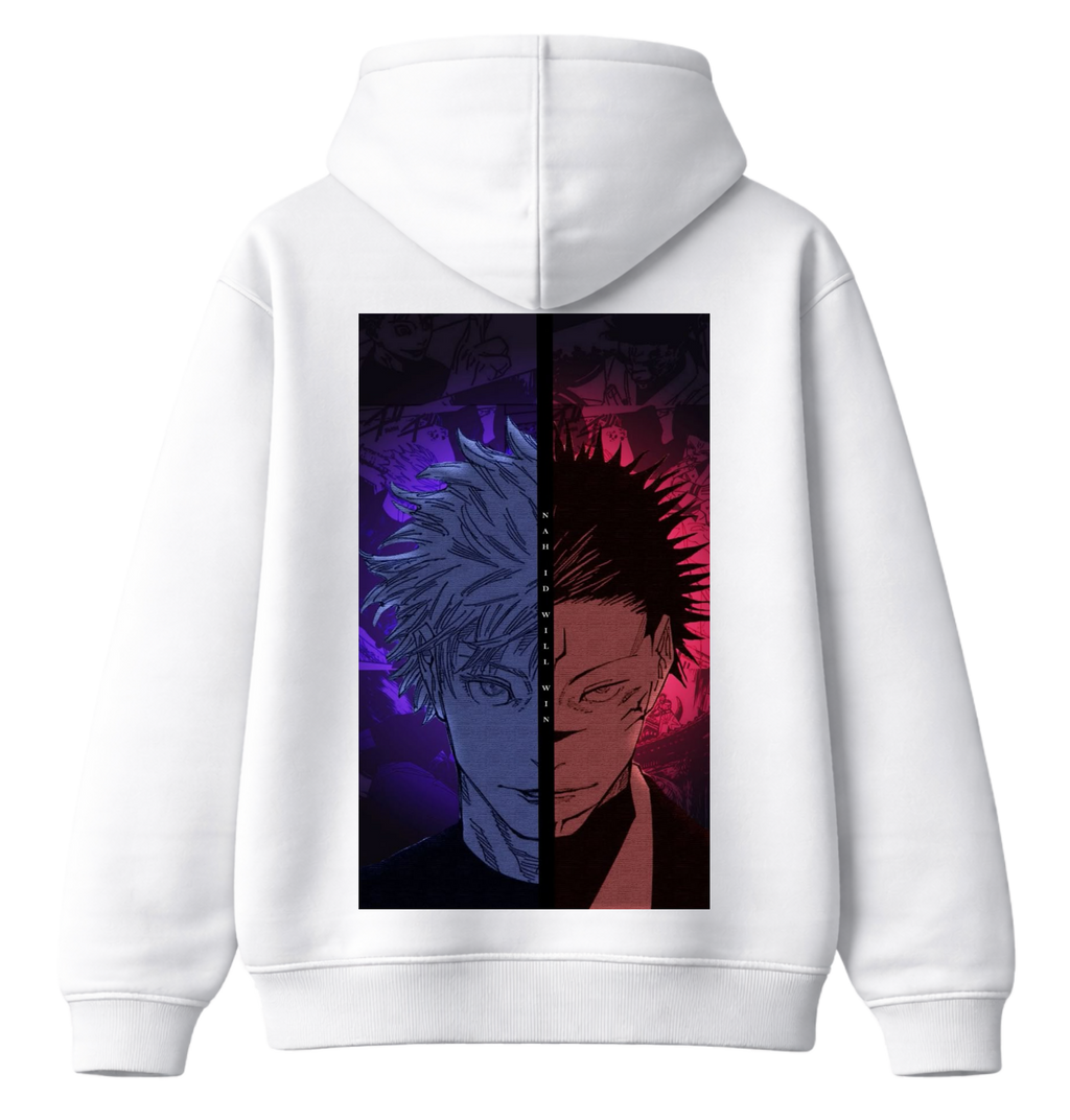 ScandiAnime Gojo and Sukuna hoodie featuring detailed graphic design of the anime characters on a black hoodie.