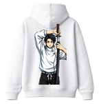 ScandiAnime Yuta Hoodie featuring a comfortable black hoodie with a graphic print, casual style, and adjustable drawstrings.