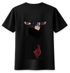 ScandiAnime Itachi T-Shirt featuring a detailed graphic of Itachi Uchiha from Naruto on soft black fabric.