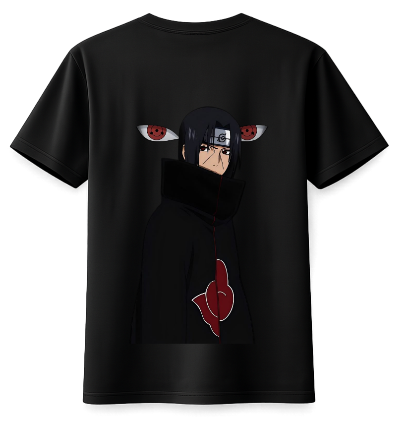 ScandiAnime Itachi T-Shirt featuring a detailed graphic of Itachi Uchiha from Naruto on soft black fabric.