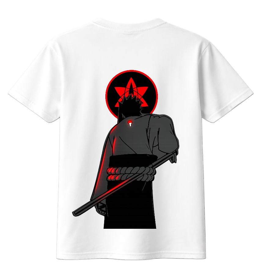 Black Sasuke T-Shirt by ScandiAnime featuring a detailed graphic of Sasuke Uchiha from Naruto on the front.