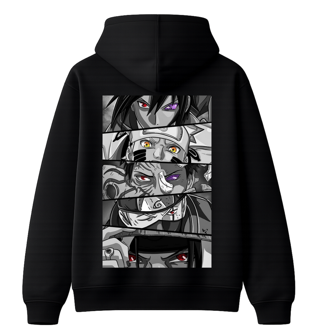Naruto Shippuden hoodie by ScandiAnime featuring character print, black fabric with front pocket and hood, casual streetwear style.