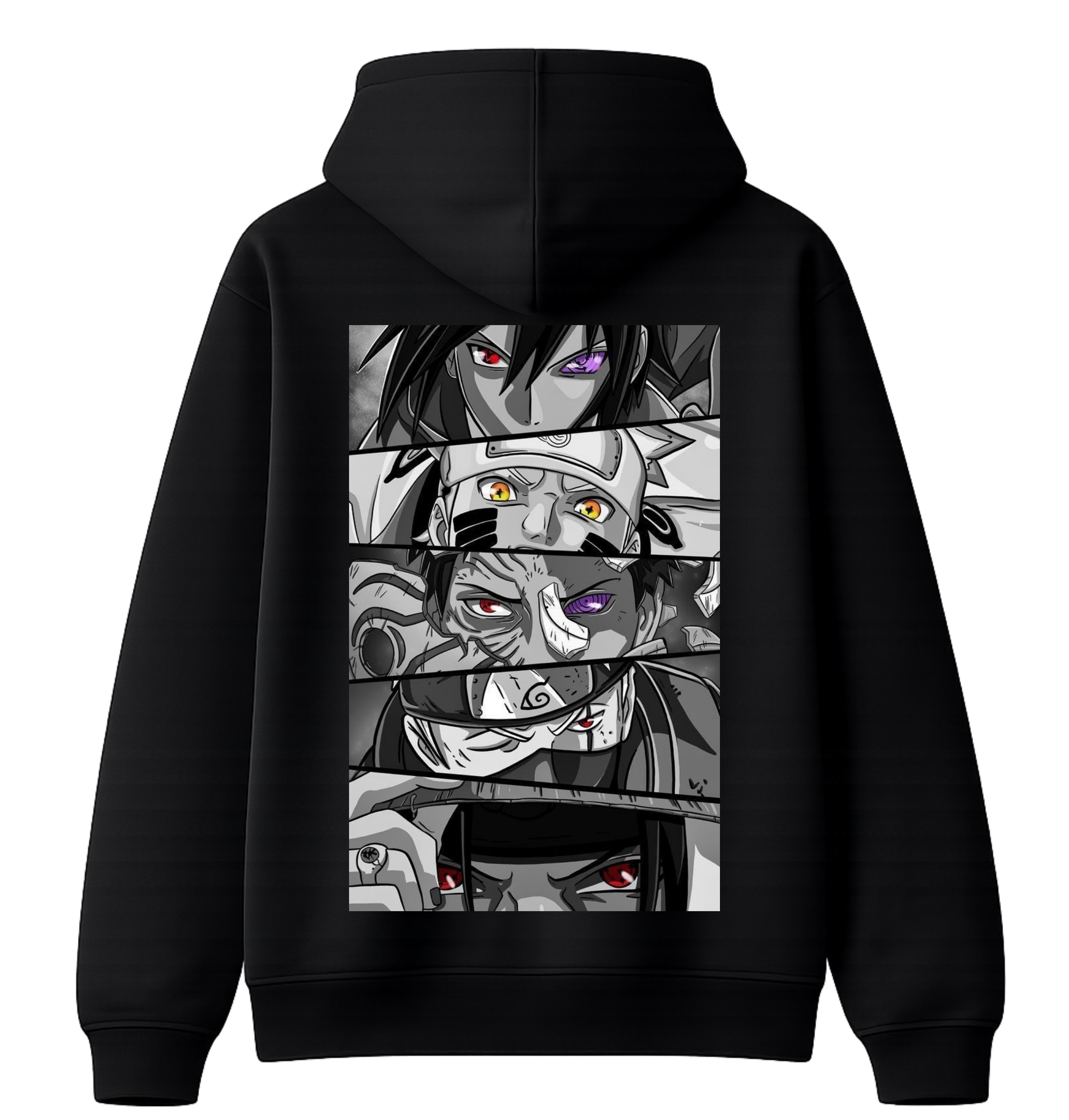 Naruto Shippuden hoodie by ScandiAnime featuring character print, black fabric with front pocket and hood, casual streetwear style.