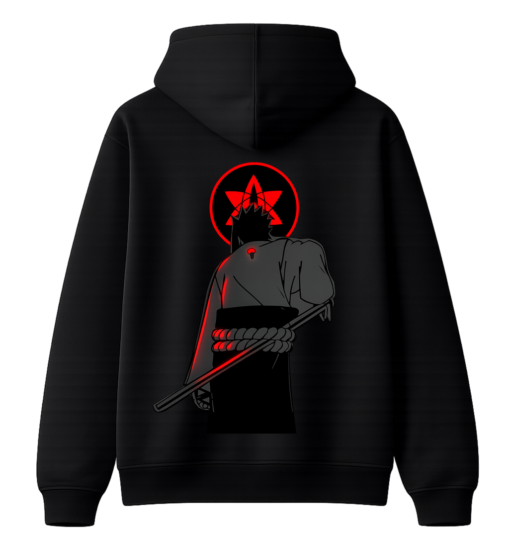 Black Sasuke Uchiha hoodie by ScandiAnime featuring a front graphic of Sasuke's face and Sharingan eye design.