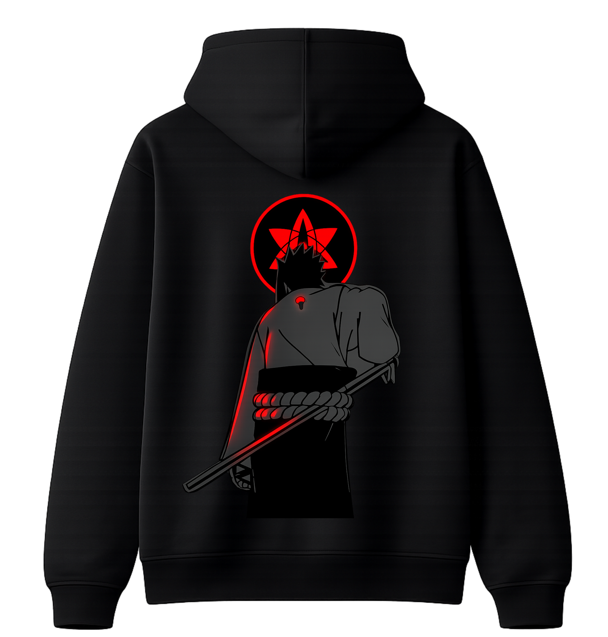 Black Sasuke Uchiha hoodie by ScandiAnime featuring a front graphic of Sasuke's face and Sharingan eye design.