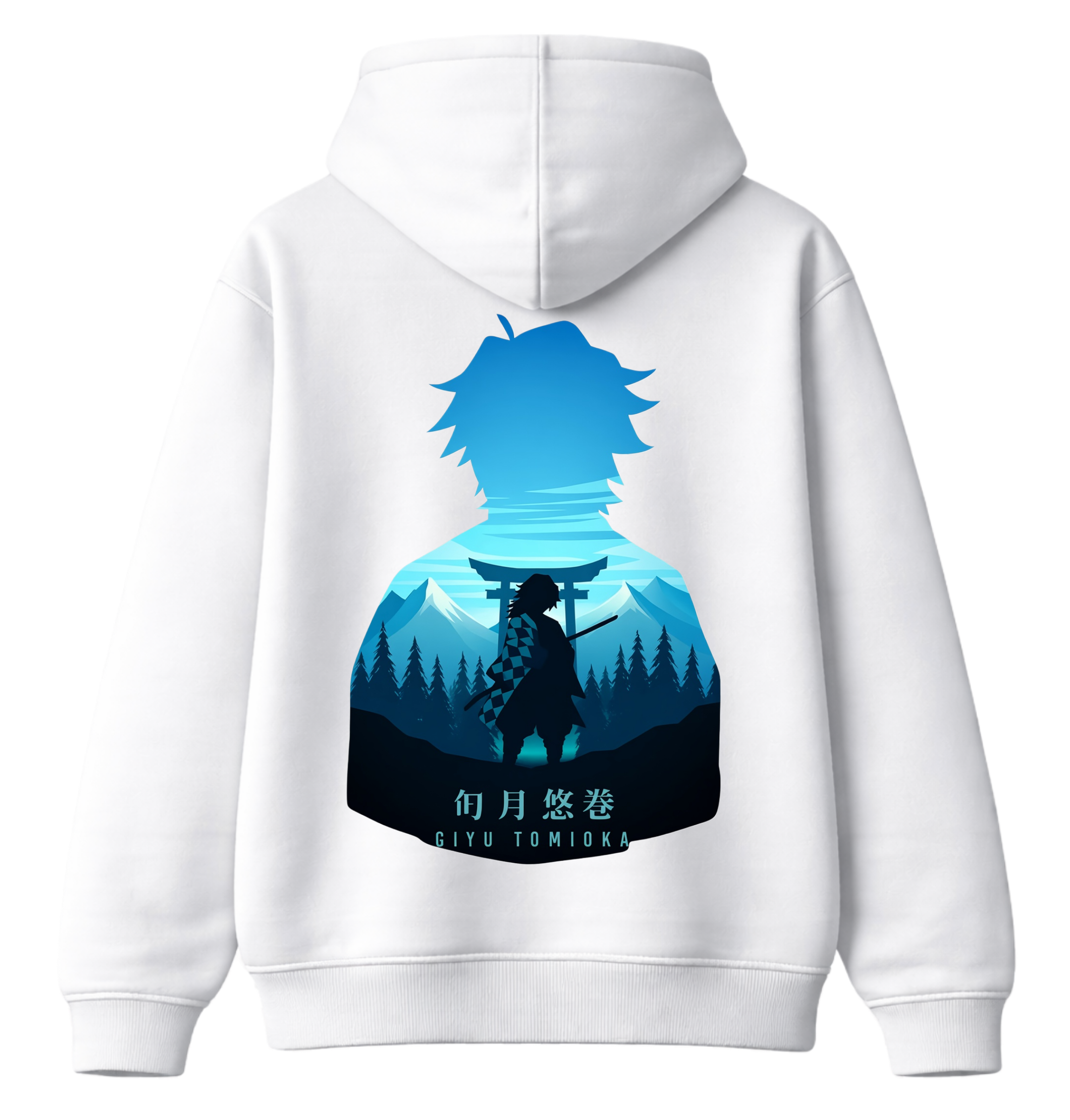 ScandiAnime Giyu hoodie featuring a graphic design of Giyu from an anime, black hoodie with colorful character print.