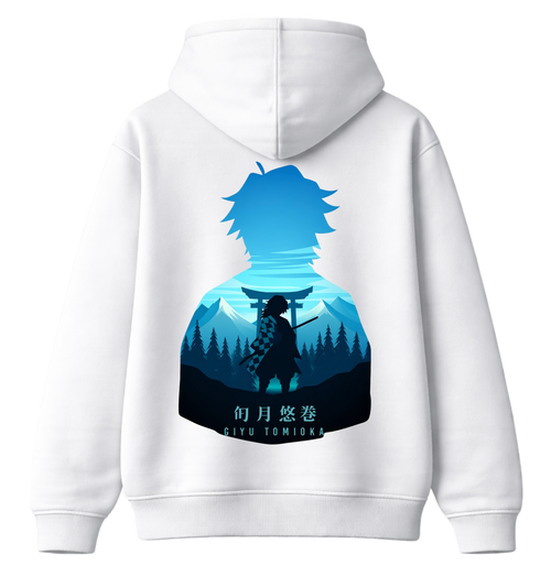 ScandiAnime Giyu hoodie featuring a graphic design of Giyu from an anime, black hoodie with colorful character print.
