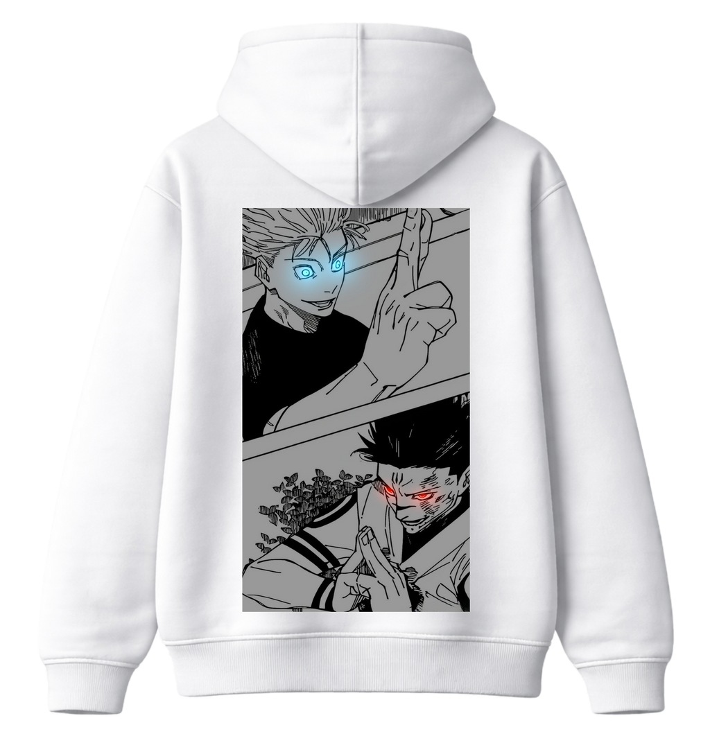 ScandiAnime Gojo and Sukuna manga hoodie, featuring detailed artwork of the characters on a comfortable black hoodie.