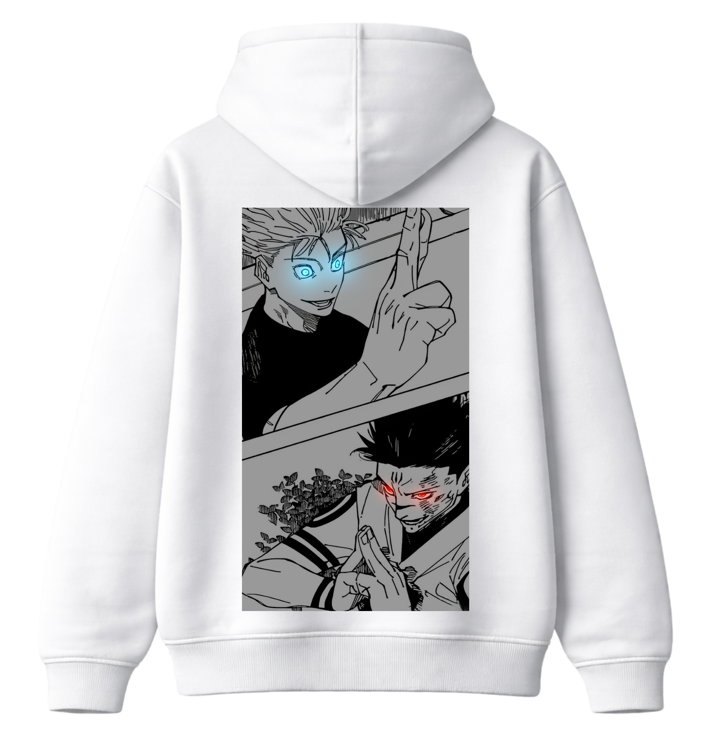 ScandiAnime Gojo and Sukuna manga hoodie, featuring detailed artwork of the characters on a comfortable black hoodie.