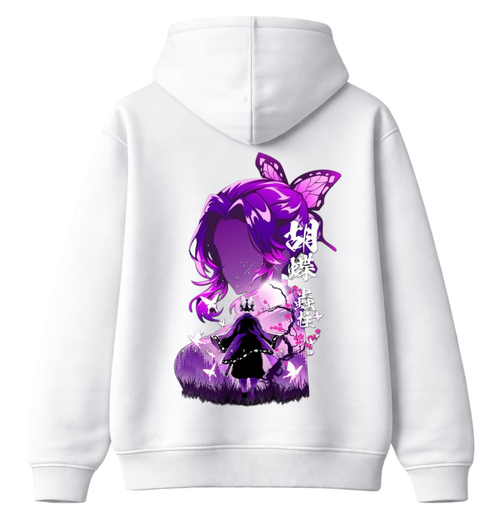 ScandiAnime Shinobu Kocho hoodie featuring detailed anime character illustration on a comfortable black hoodie.