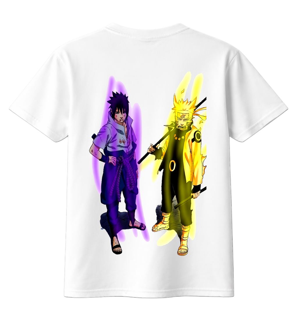 White t-shirt with anime character designs on a white background