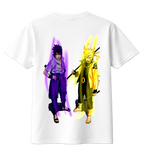 White t-shirt with anime character designs on a white background