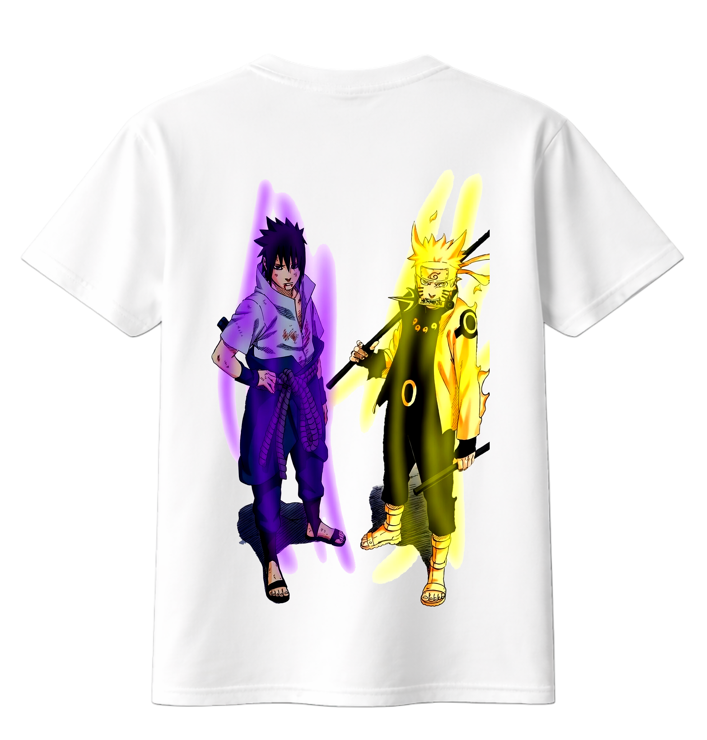 White t-shirt with anime character designs on a white background